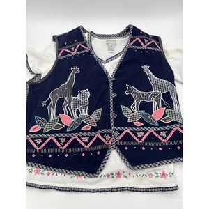 VTG Napa Valley Womens Vest Size Large Black Pink Giraffe Lion Embroidered Patch